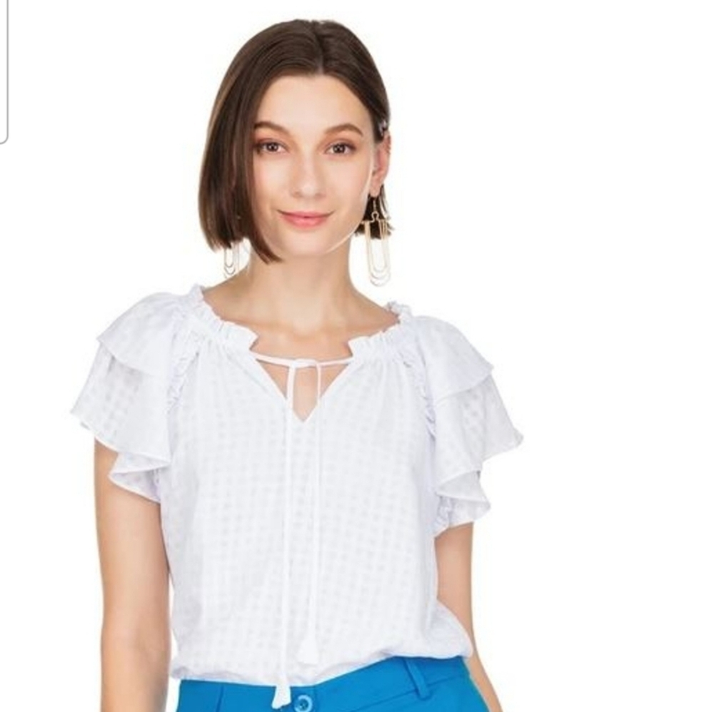 JADE MELODY TAM Ruffle Sleeve Blouse with Tie Front In White. Size XS NWT